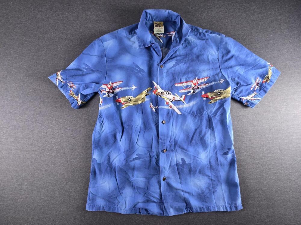 Winnie Fashion Shirt Mens Large Blue Hawaiian Airplane Button Up Made In Hawaii